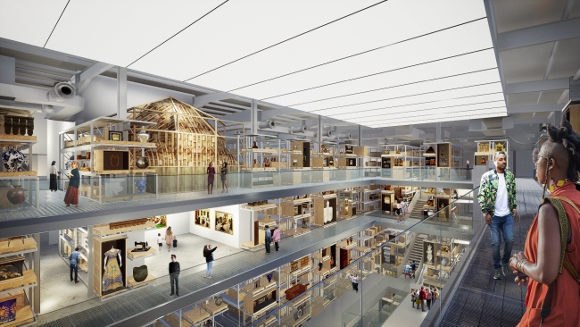 Internal render view of the central collection hall in V&A East Storehouse at Here East, designed by Diller Scofidio + Renfro. © Diller Scofidio + Renfro, 2021